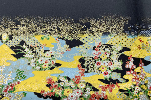 Hem Pattern Yuzen Flowers on Black S19